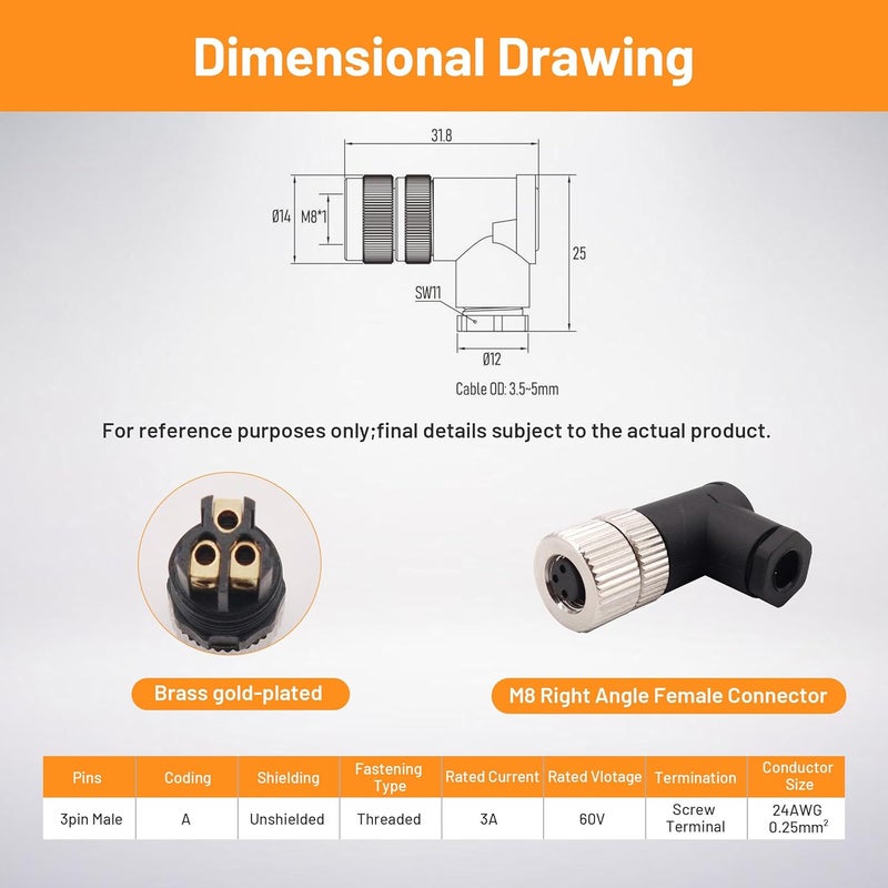 Elecbee M8 Connector Screw Type Connector Right Angle Assemble Cable Plug Unshield (3 Pin Female A-Code) - Image 2